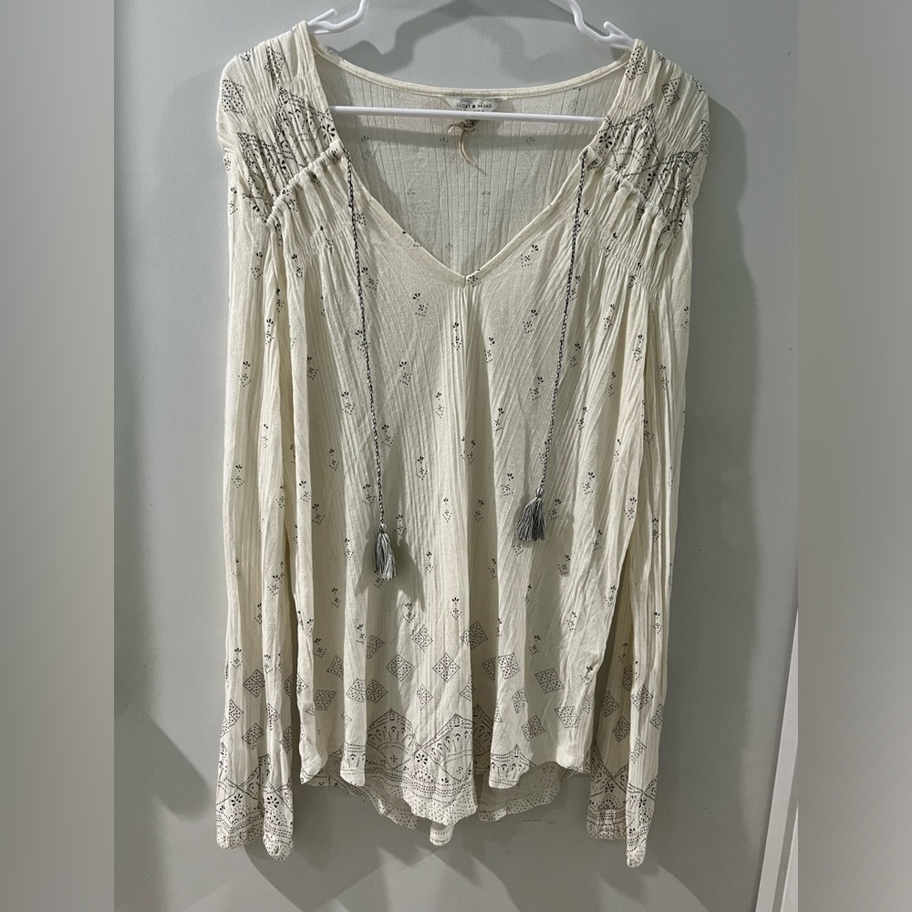 Lucky Brand Cream V-Neck Tassel Boho Tunic, size large - Picture 1 of 5